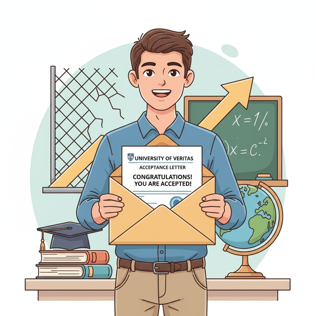 A young person holding a college acceptance letter, smiling, symbolizing the success after overcoming academic challenges A student achieving success after facing college application rejections and academic failure