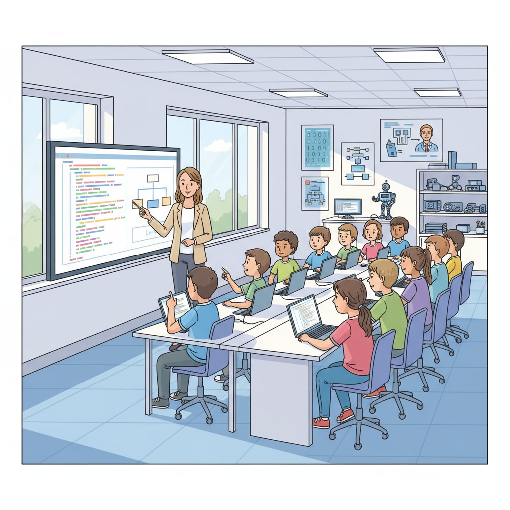A classroom scene where students are engaged in a computer science class, with a teacher guiding them through programming concepts. K12 students learning information technology for future career development