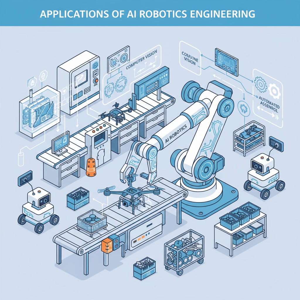 A factory floor with an AI robot performing tasks such as assembling products, demonstrating the application of AI Robotics Engineering. An AI robot in action, related to information technology and future career choices