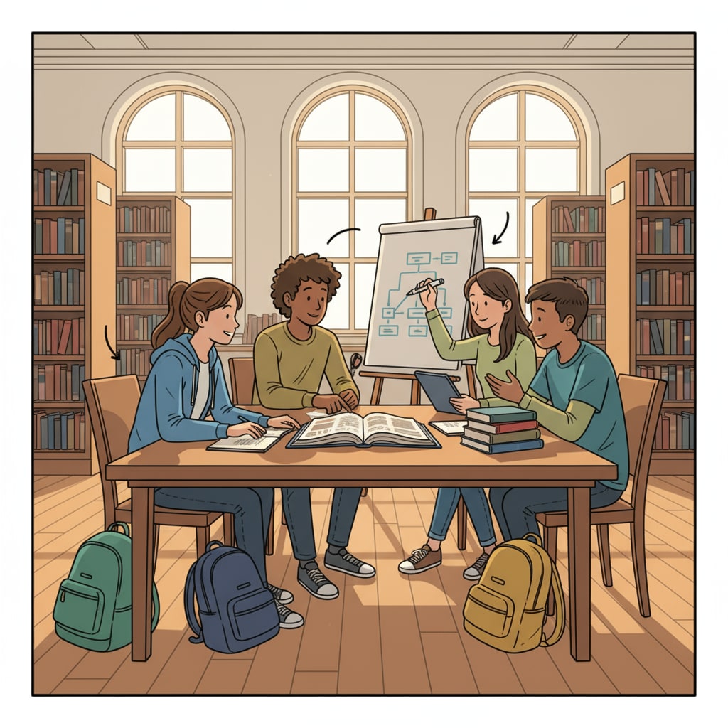A group of high school students are studying together in a library, showing an atmosphere of learning and cooperation. High school students seeking self-improvement through group study in the library
