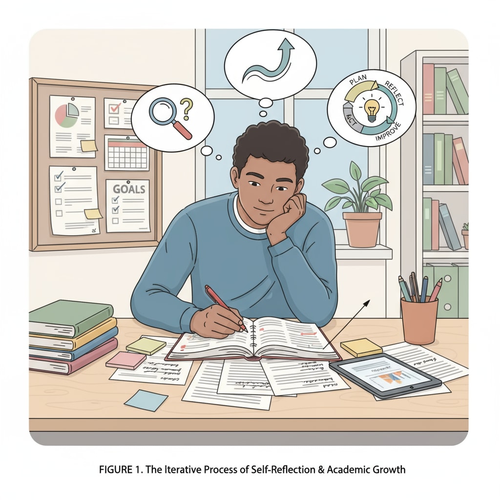 A student is sitting at a desk, carefully analyzing study materials, indicating the process of self-reflection and improvement. A high school student analyzing study materials for self-improvement