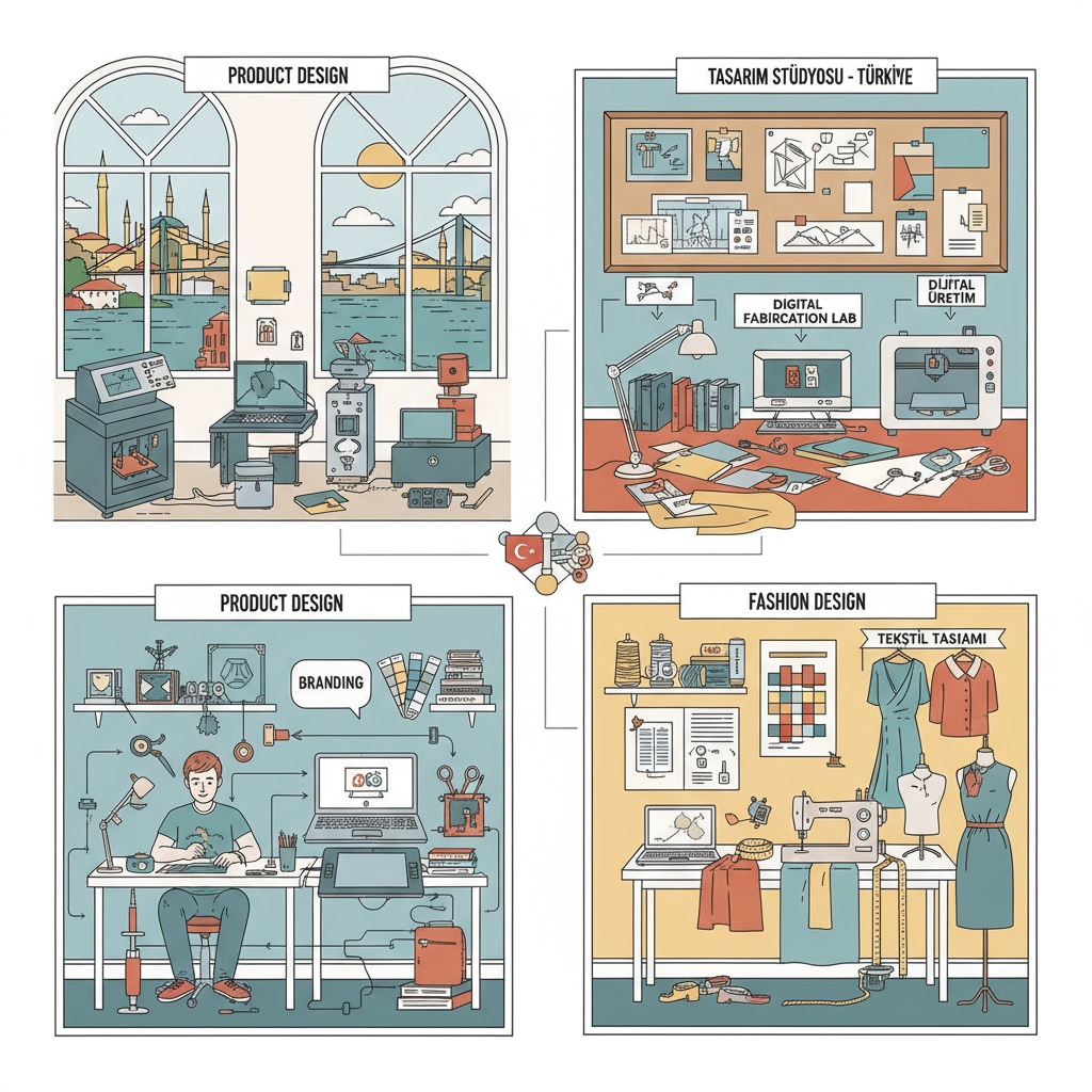 A modern design studio in Turkey with various design tools and workspaces. A modern design studio in Turkey for English-taught design programs
