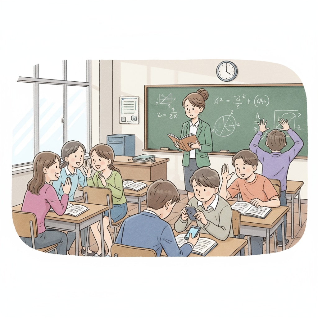 A classroom scene where students are chatting among themselves instead of following the teacher's instructions. Some students are looking around, and the teacher is standing at the front with a somewhat frustrated expression. A classroom scene depicting students not following instructions, highlighting the teaching difficulties and the need for effective teaching strategies.