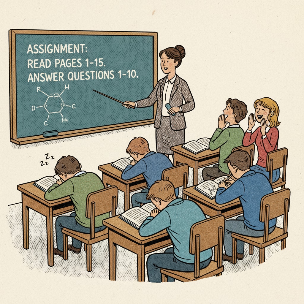 A picture showing students sitting at their desks, ignoring the teacher's task assignment on the board. Some students have their heads down, and others are whispering to their neighbors. Students ignoring the teacher's task assignment, emphasizing the issue of students not following instructions and the importance of teaching strategies.