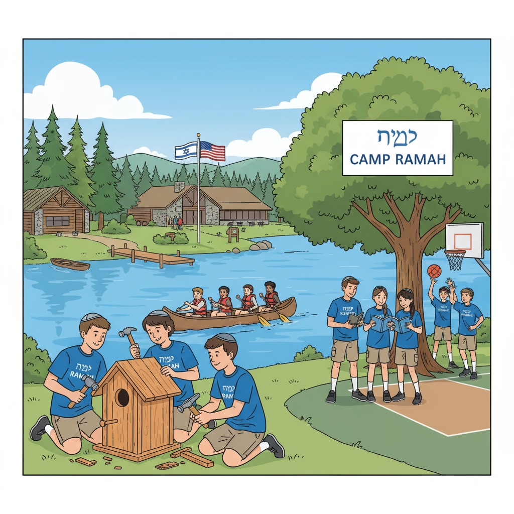A group of students at Camp Ramah participating in various activities, showing the camp environment. Students at Camp Ramah with potential Zionist influence activities