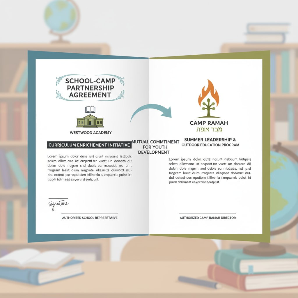 A written contract document between a school and Camp Ramah, highlighting the school - camp partnership. School contract with Camp Ramah which may be affected by Zionist ties