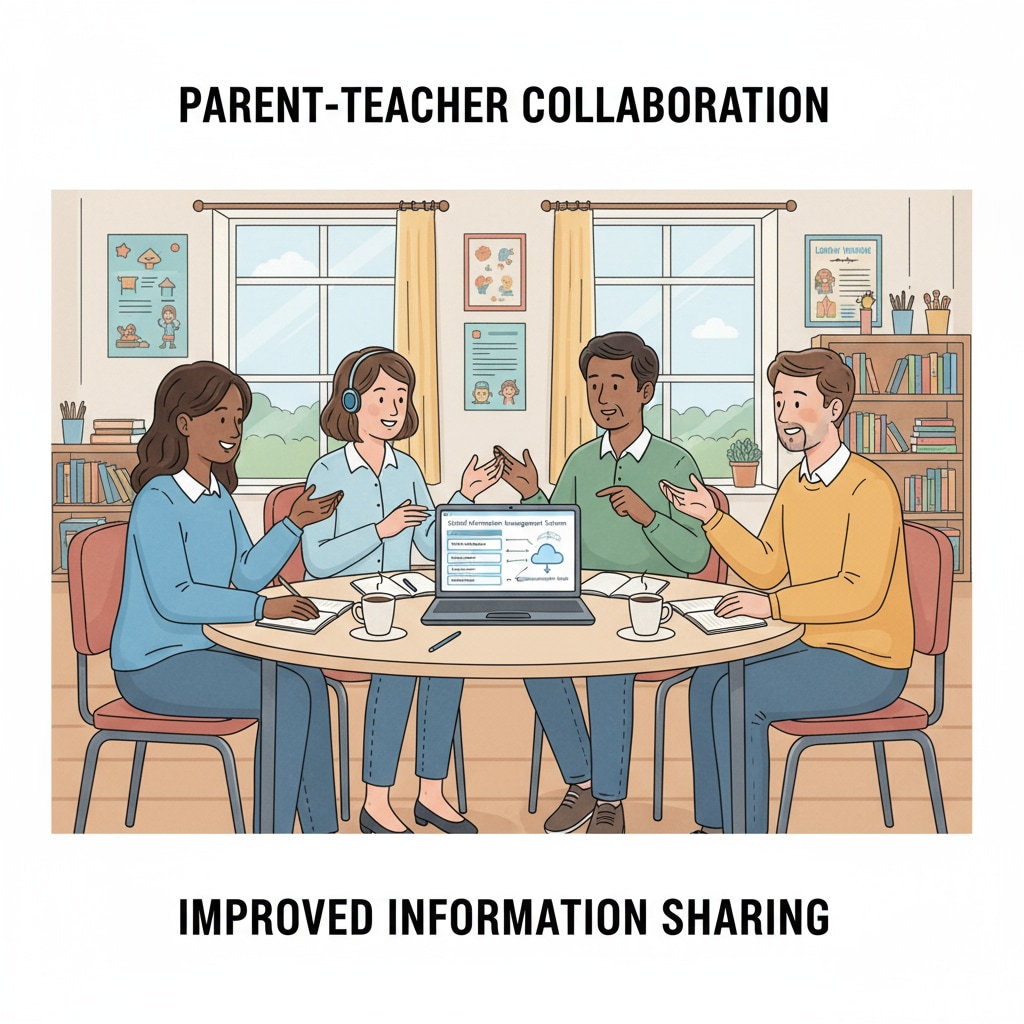 A group of parents and teachers are engaged in a discussion, with a laptop showing a school information management interface on the table. This represents the need for better communication and information sharing in the school environment. Parents and teachers discussing school information management system