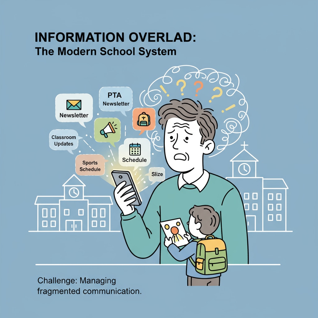 A parent is seen looking stressed while trying to sort through multiple school-related messages on their mobile phone, highlighting the problem of information overload in the current system. Parent struggling with fragmented school information