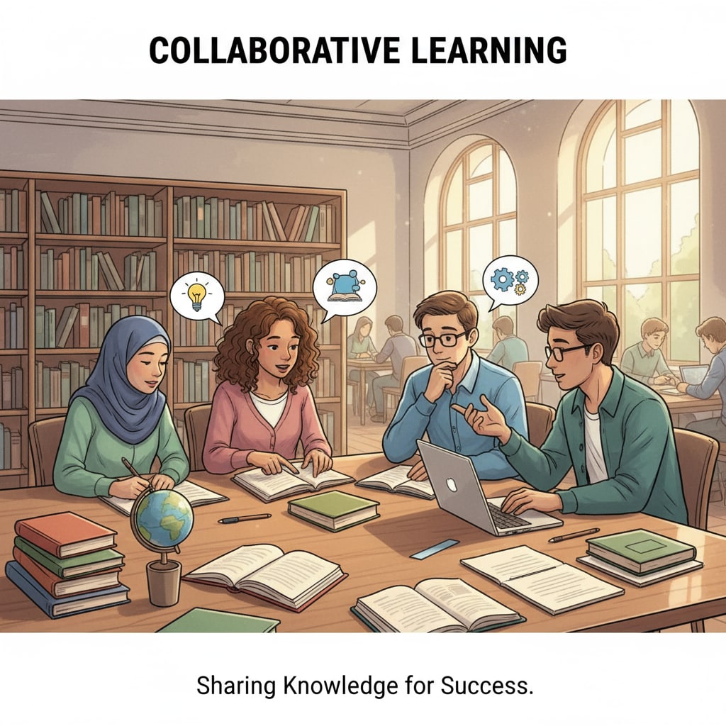 A group of students are studying together in a library, collaborating and sharing knowledge. Students studying together to improve high school performance and acquire key skills