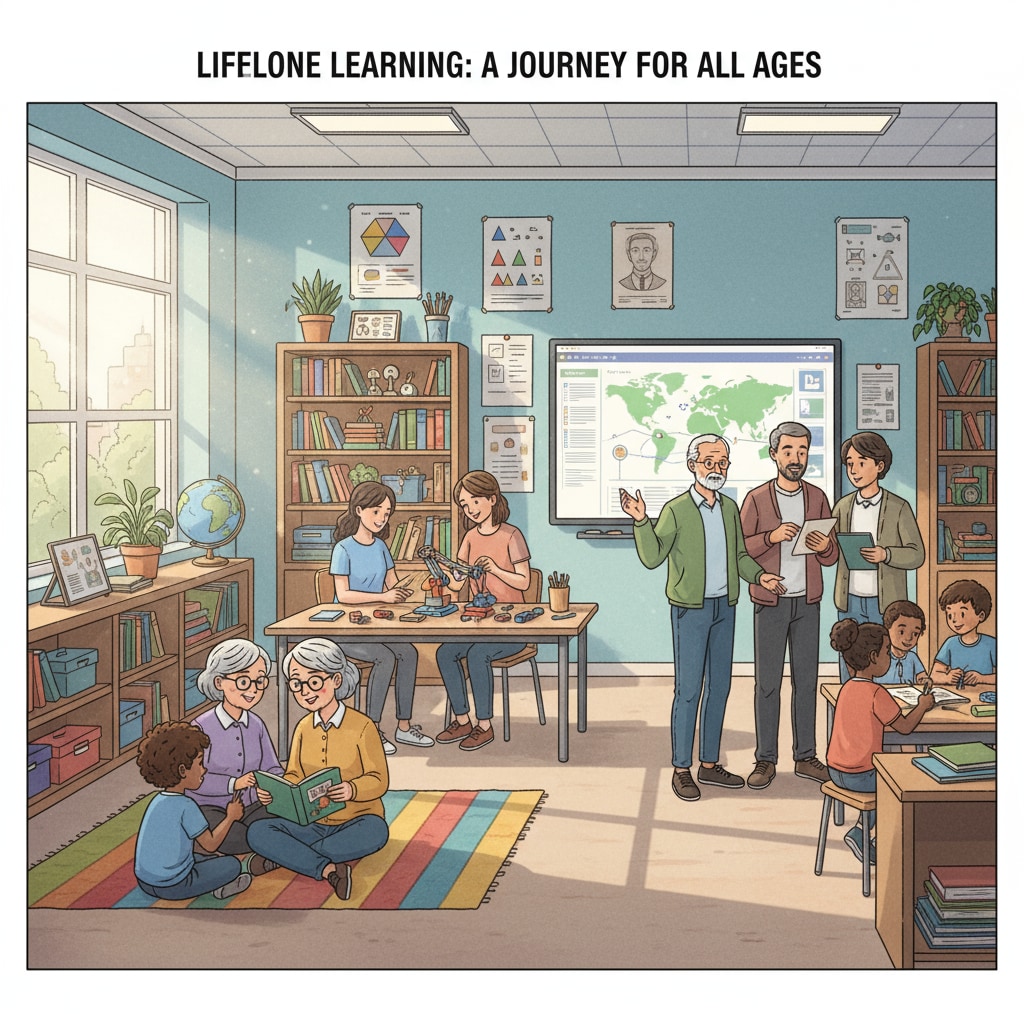 A diverse group of students, including children and adults, are engaged in various learning activities such as reading books, discussing ideas, and using educational tools. This represents the concept of lifelong learning at different stages of life. A group of students of different ages engaged in learning activities related to education importance, lifelong learning, and success