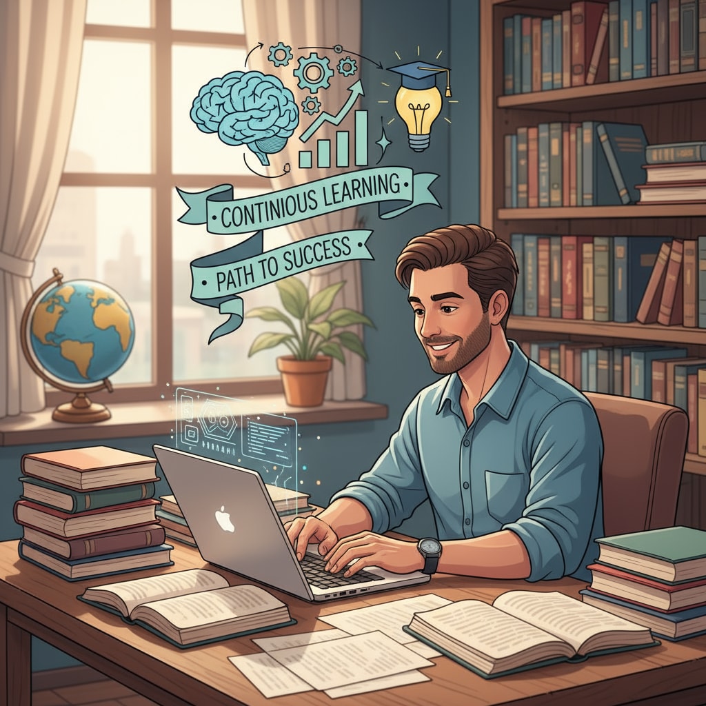 An individual is sitting at a desk, surrounded by books and using a laptop. This depicts someone actively engaged in self-directed learning, highlighting the importance of continuous learning for success. A person sitting at a desk, reading books and using a laptop, emphasizing education, lifelong learning, and success