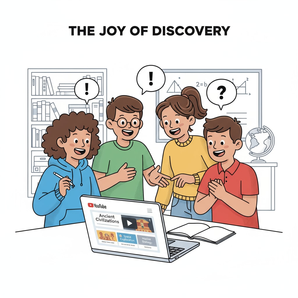 A group of students are gathered around a laptop, watching educational videos on YouTube with excited expressions, showing their eagerness for learning. Students watching YouTube educational videos related to YouTube teachers, subject teaching, and content recommendations