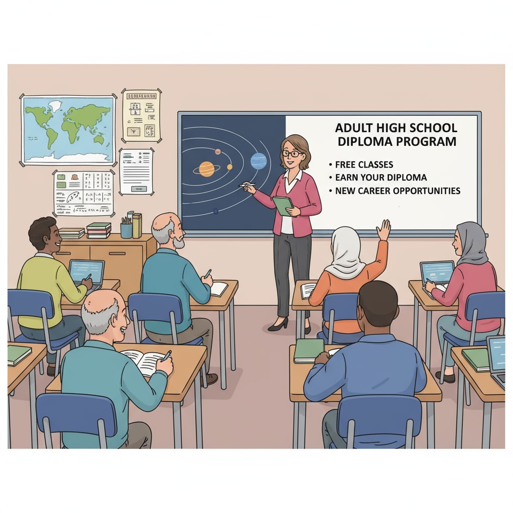 Adults are engaged in a free high school diploma class in a classroom, with an instructor at the front. Adults attending a free high school diploma class