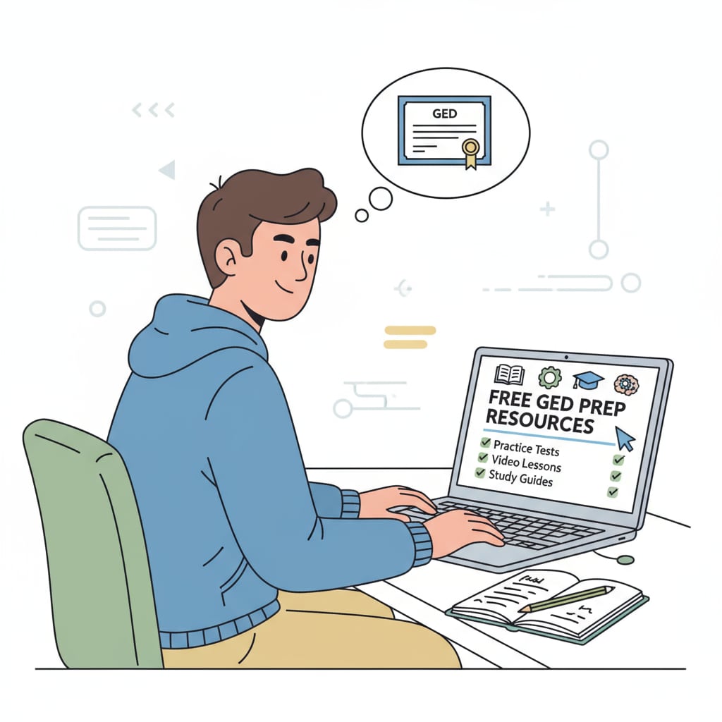 A person is sitting in front of a laptop, looking at free GED prep resources on the screen. Person accessing free GED prep resources online