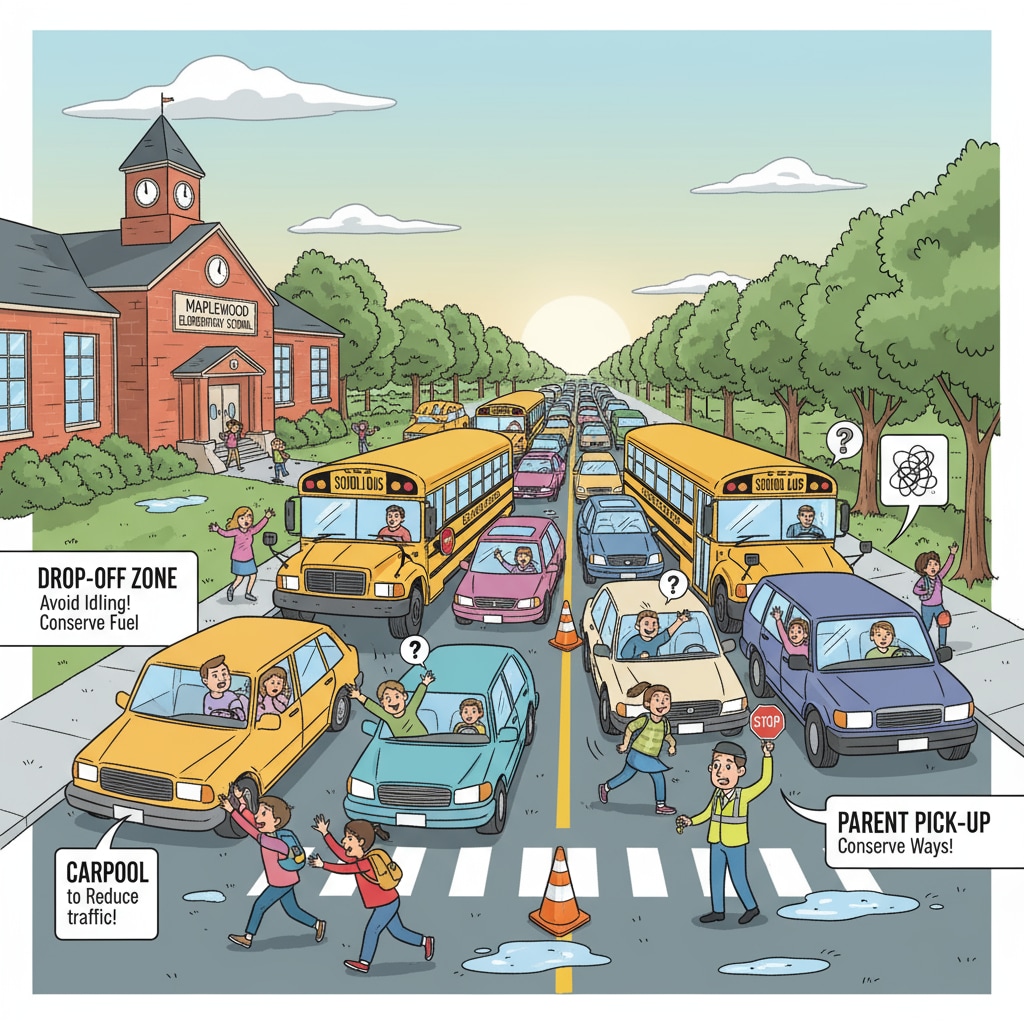 A chaotic scene outside a small town school during drop-off and pick-up times, with cars and buses stuck in traffic. Traffic congestion during school drop-off and pick-up in a small town