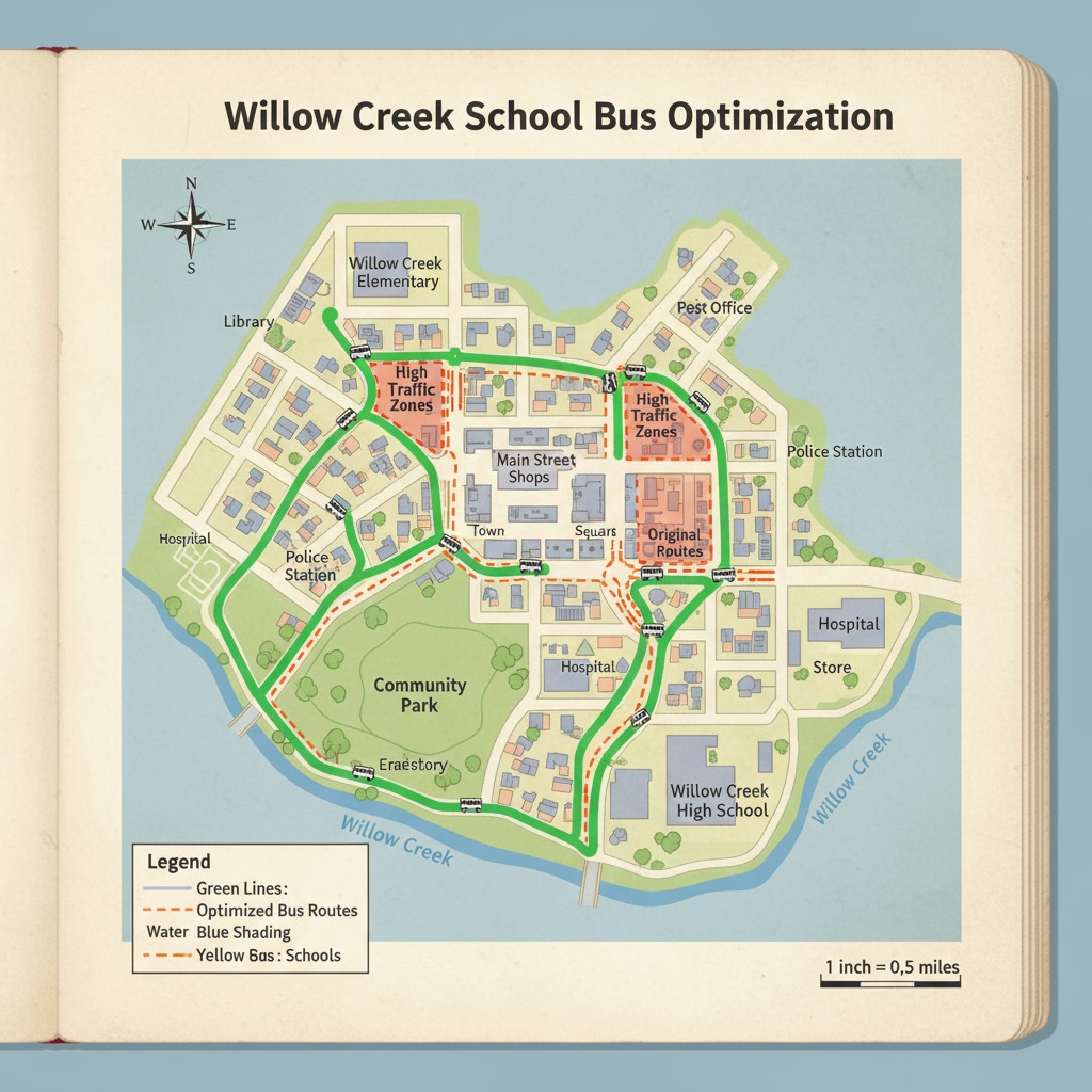 A map highlighting optimized school bus routes in a small town, showing how buses avoid busy areas. Optimized school bus routes in a small town