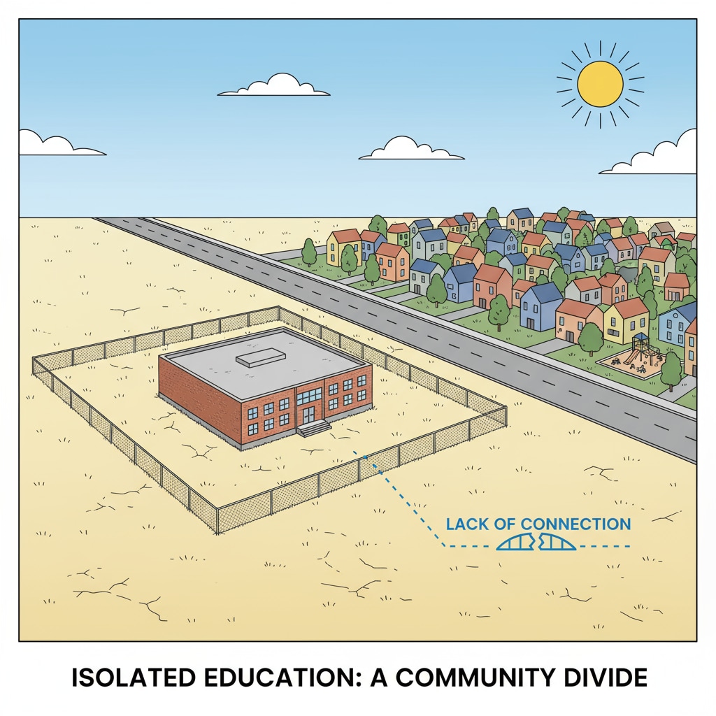 A solitary school building is seen, with a clear demarcation from the surrounding community area, showing a lack of connection. A view of a school separated from the community highlighting school independence and community separation in relation to youth programs