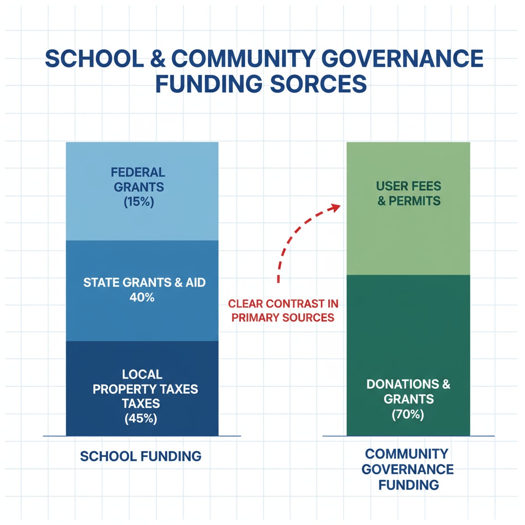 A graph visually presents the different funding sources of schools and community governance, making the contrast clear. Graph showing funding differences between schools and community governance relevant to school independence, community separation, and youth programs
