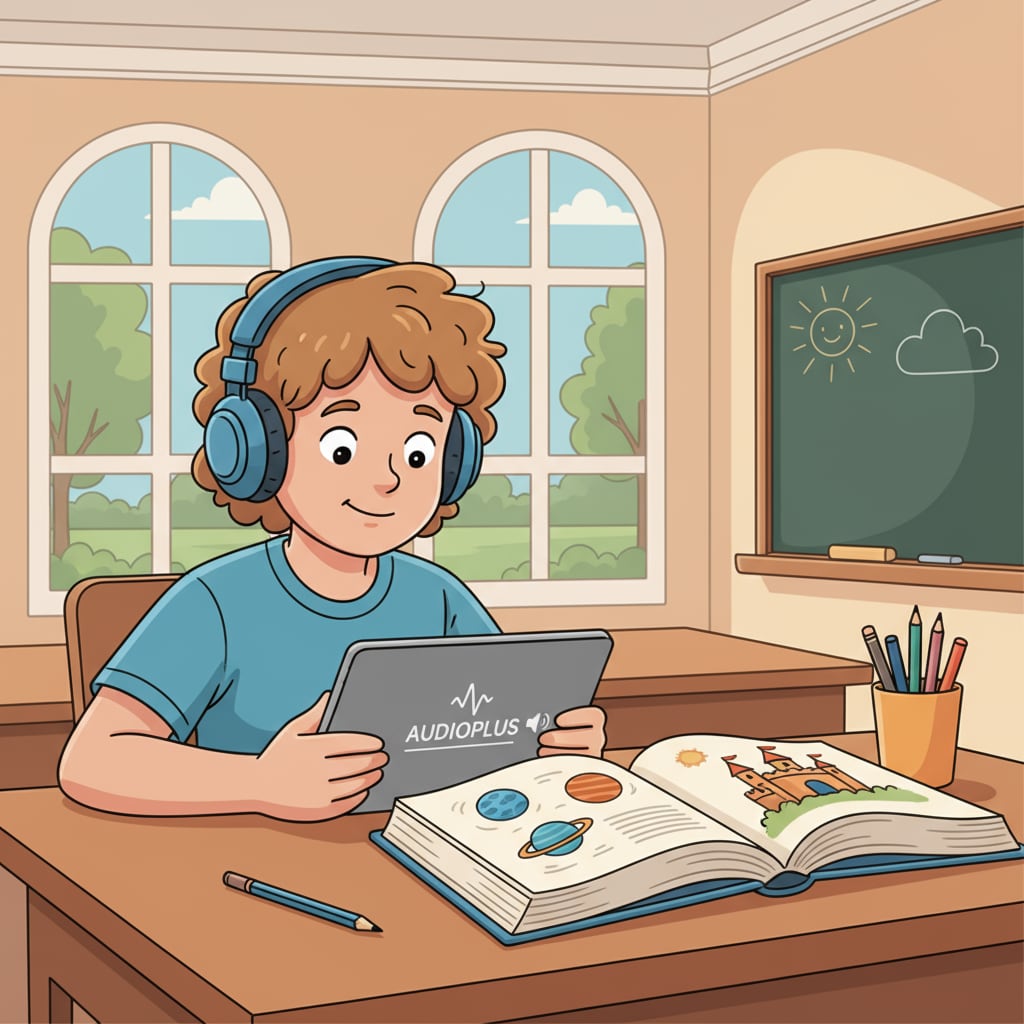 A student is sitting at a desk, wearing headphones and listening intently to an audiobook on a tablet. A student listening to an audiobook in a study setting related to language arts and reading ability development