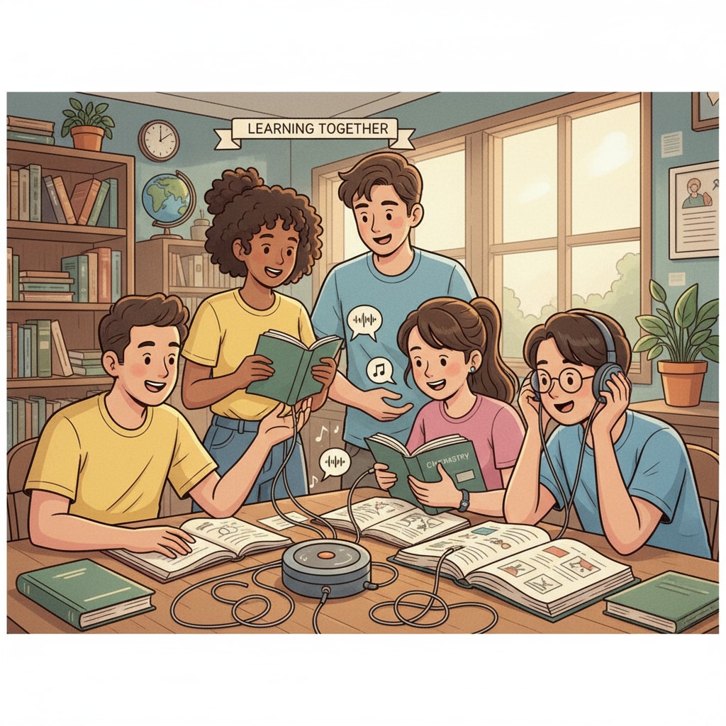 A group of students are gathered around an audiobook player, sharing earphones and listening together during a study session. Students sharing an audiobook player while engaged in language arts study, which may impact their reading abilities