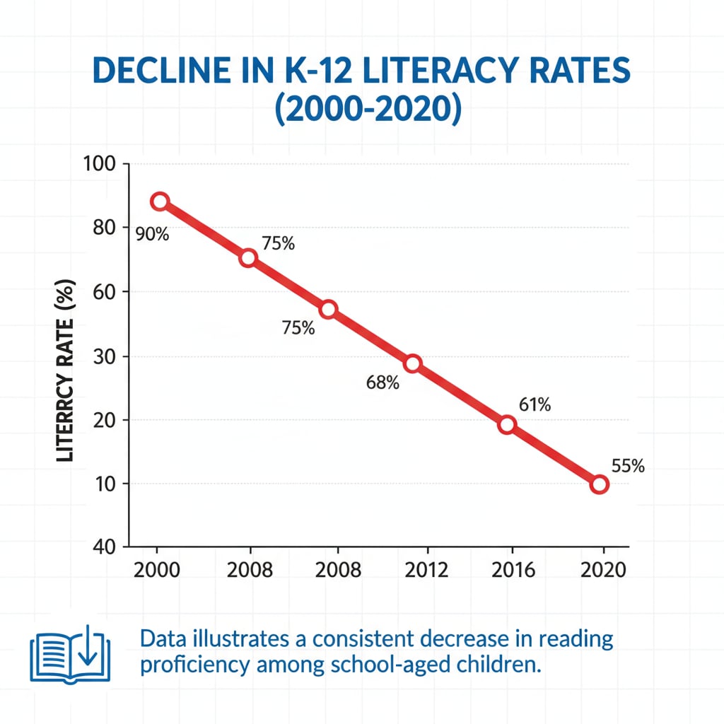 A graph visually depicting the downward trend of literacy rates among K12 students over a period of years. Graph showing the decline of literacy rates in K12 education related to reading ability and its impact on democracy
