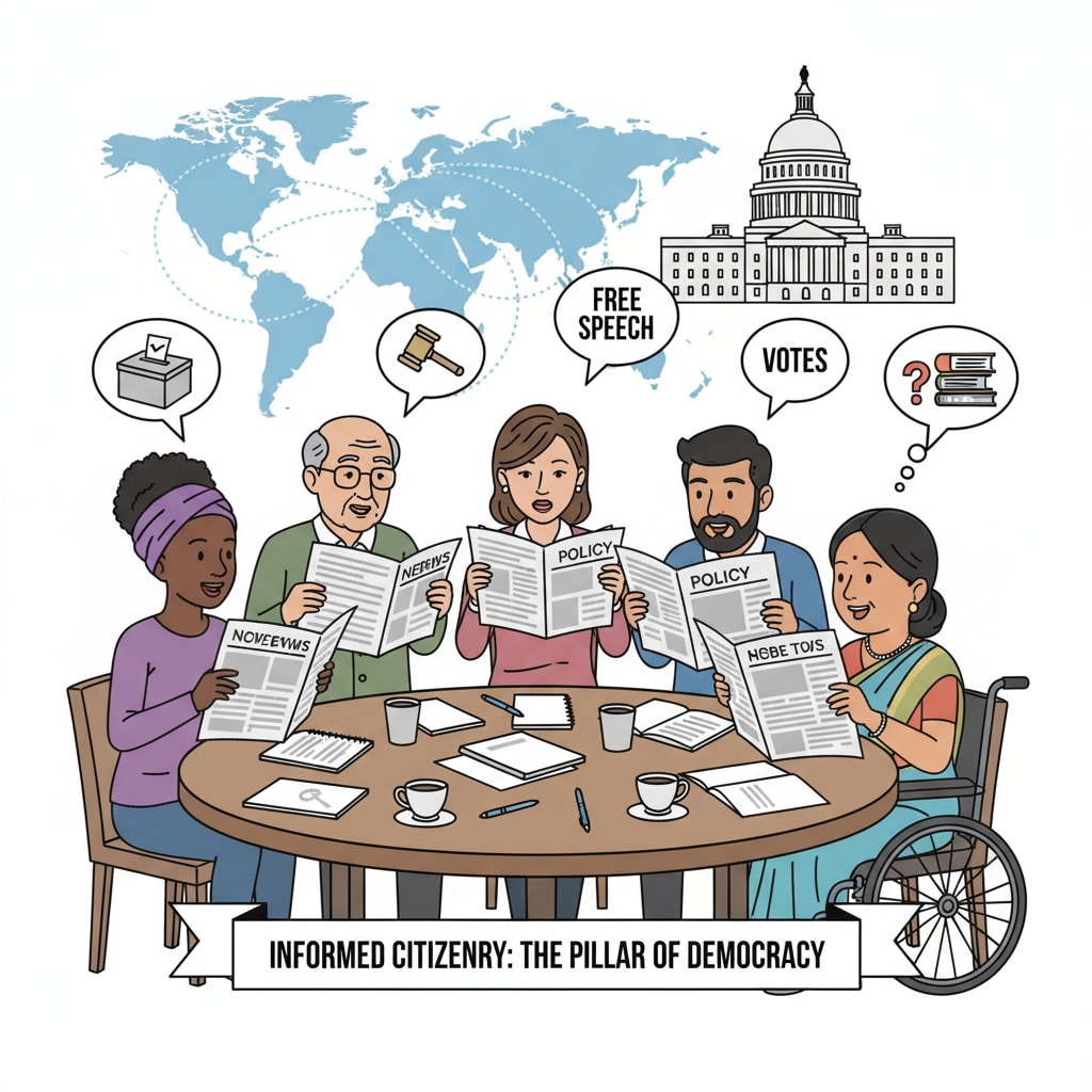 A group of diverse individuals sitting around a table, reading newspapers and engaged in a lively discussion about political issues, highlighting the importance of an informed citizenry in a democracy. People discussing political matters, representing the link between literacy, reading ability, and democracy