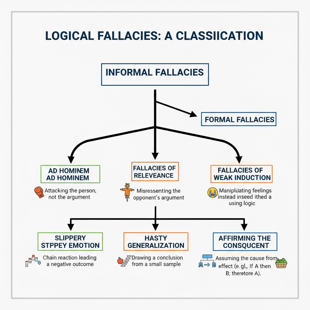 Visual representation of logical fallacies for critical thinking and propaganda recognition