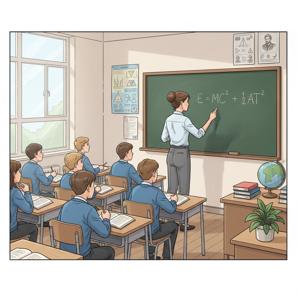 A classroom scene where the teacher is writing on the blackboard and students are sitting passively, representing the traditional teaching method. Traditional teaching method in primary education