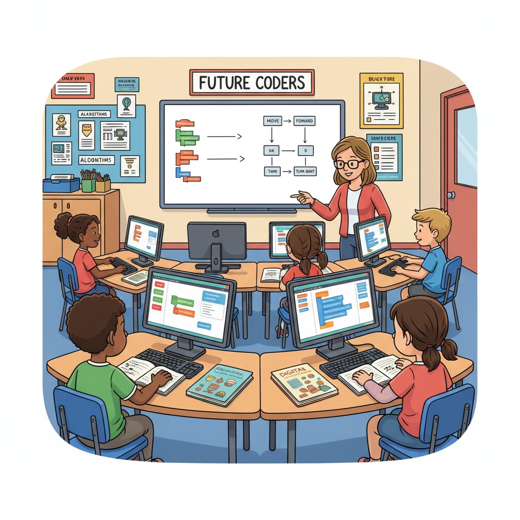 A group of students are using computers to learn coding, indicating the importance of digital skills in modern primary education. Students learning coding in primary education