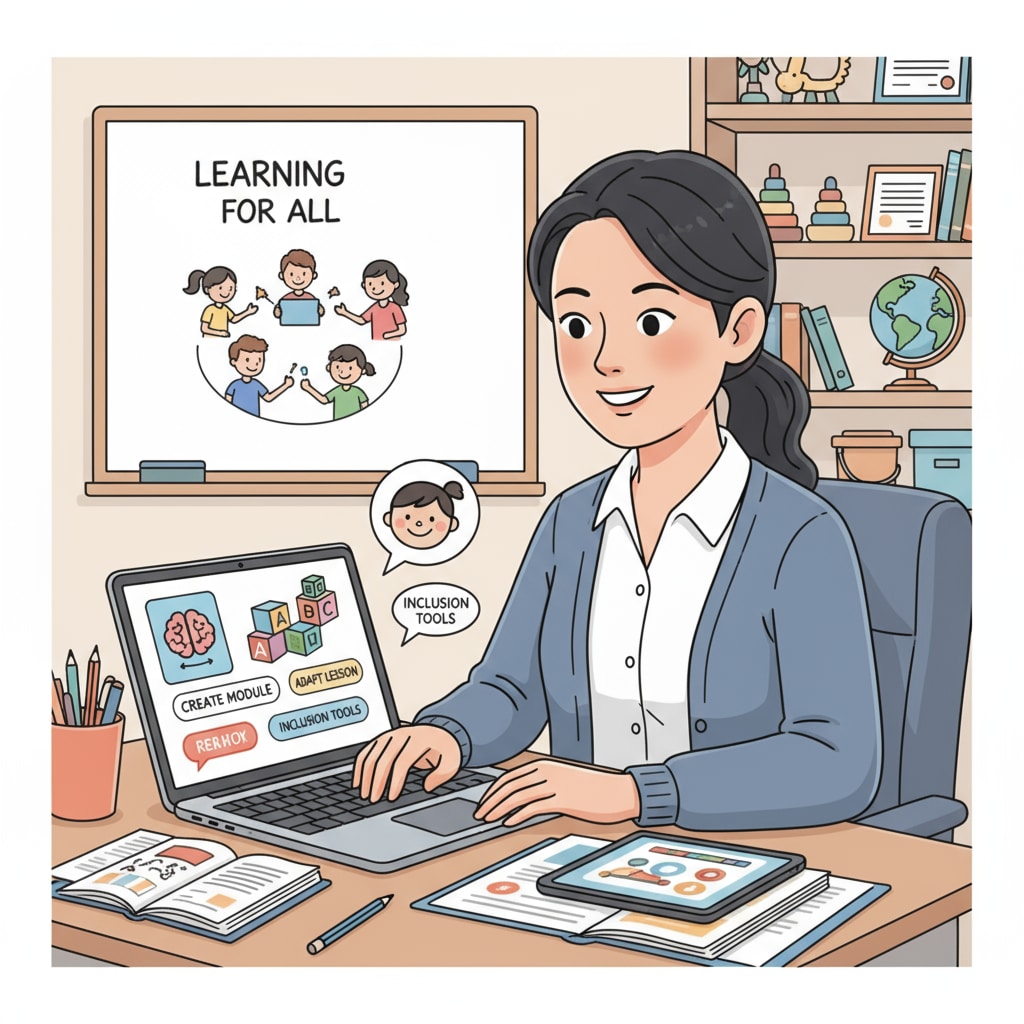 A special education teacher working on a laptop, creating educational content for an online platform A special education teacher creating educational content for remote part-time income