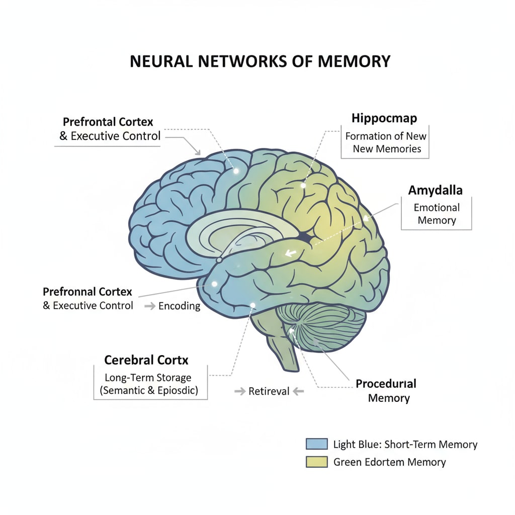 A diagram showing the structure of the brain related to memory function Brain structure diagram for memory function, related to memory development