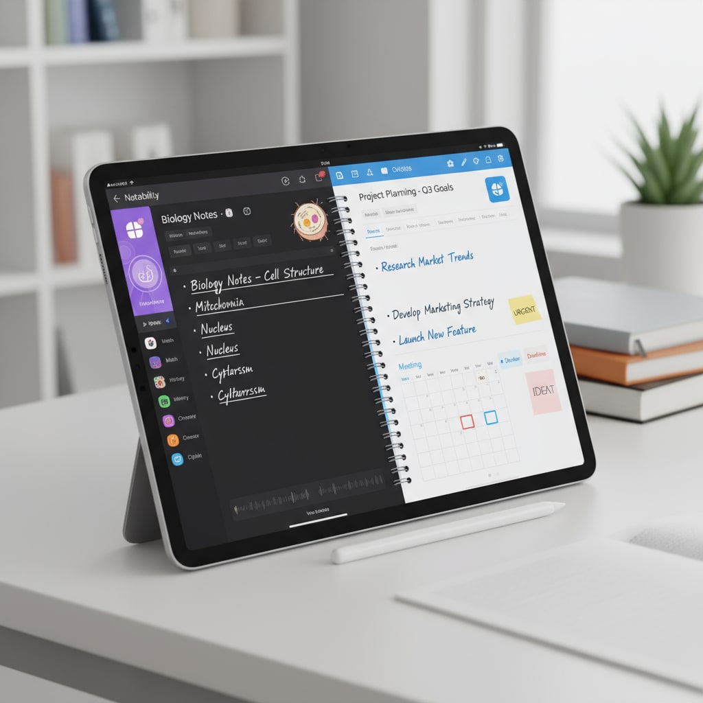 The iPad Gen 11 display shows educational apps like Notability and GoodNotes open, with handwritten notes and organizational features visible. iPad Gen 11 with educational apps for learning needs in product comparison