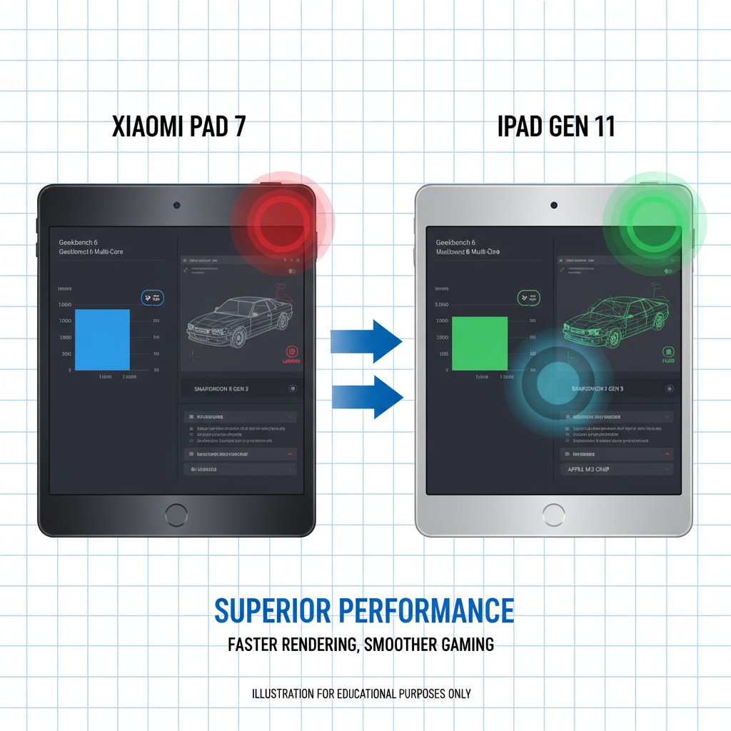 Side-by-side comparison of Xiaomi Pad 7 and iPad Gen 11, highlighting performance differences through benchmark tests or running resource-intensive apps. Comparison of Xiaomi Pad 7 and iPad Gen 11 performance for learning needs