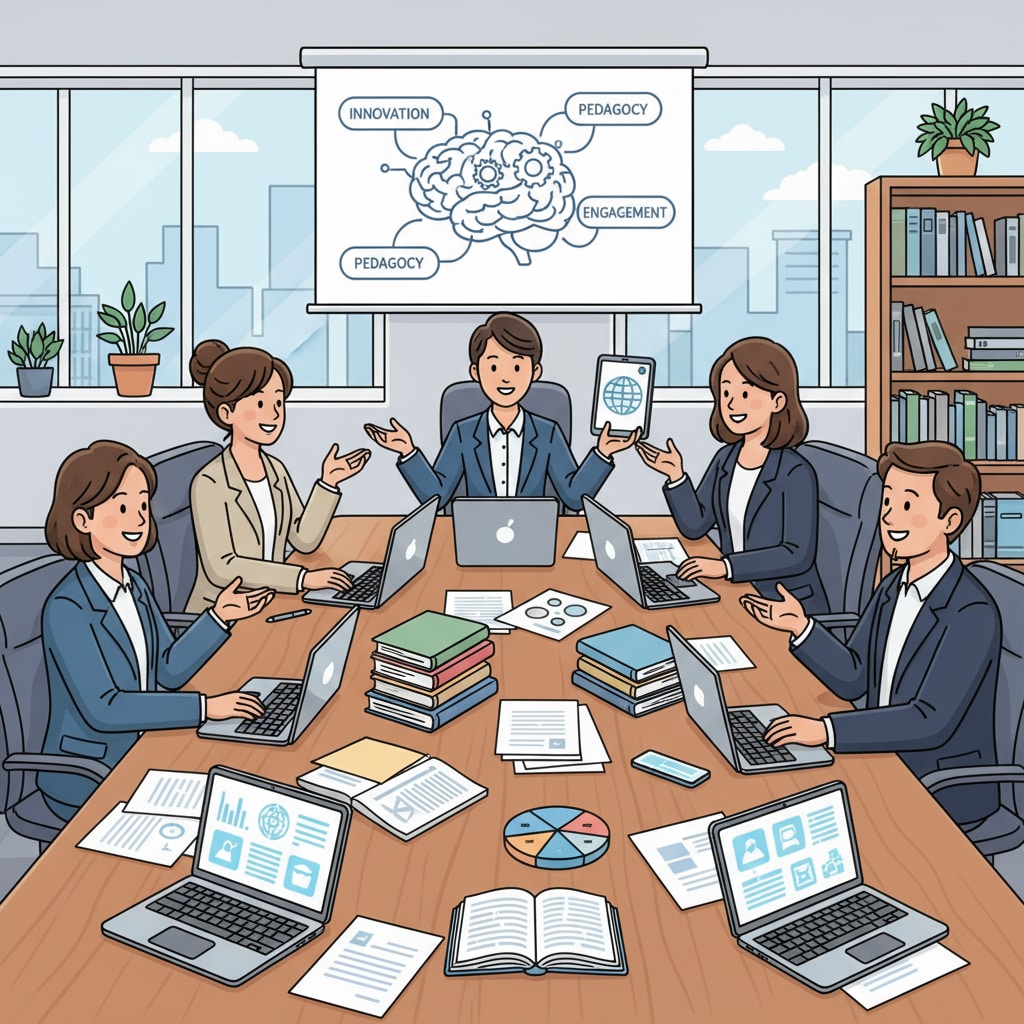 A group of educators are having a discussion in a meeting room, with papers and laptops in front of them, representing the exploration of educational programs. Educators discussing educational leadership, curriculum design, and career development in a meeting