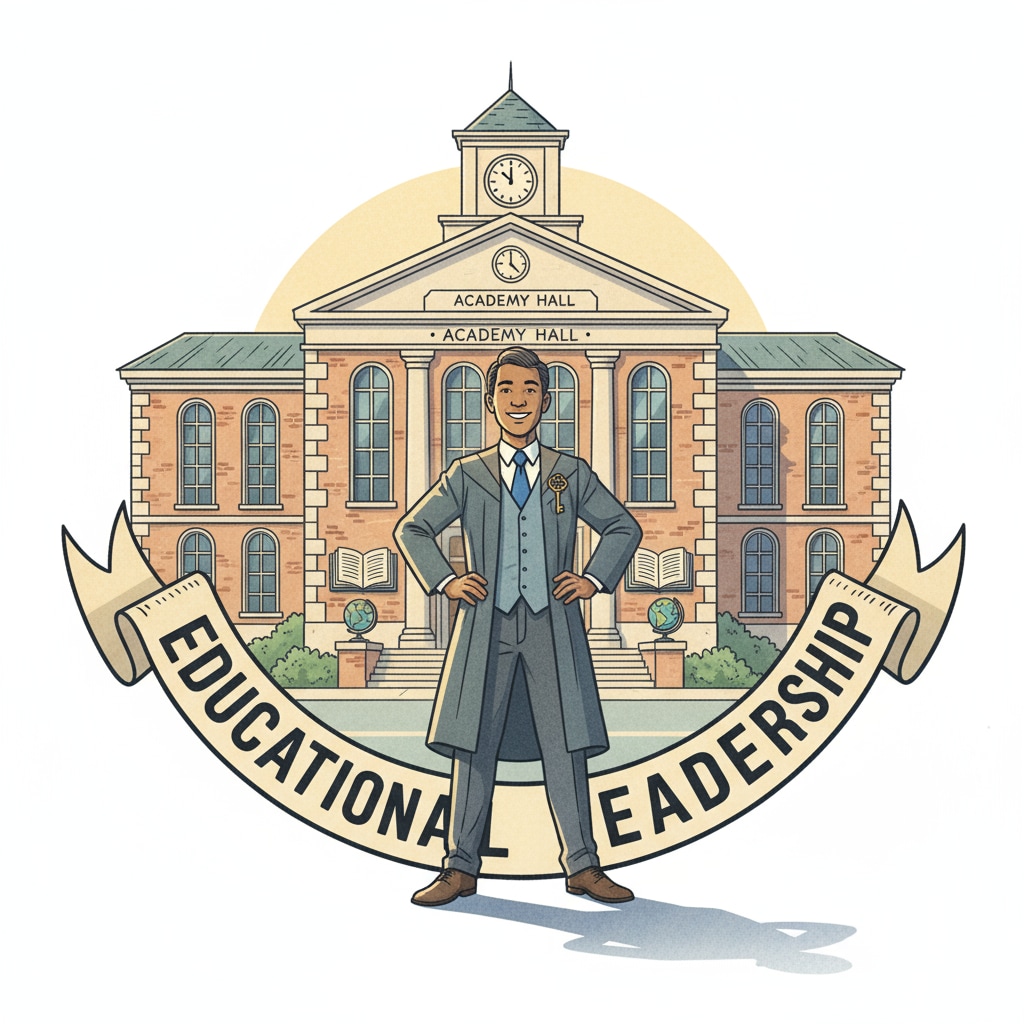 A person is standing in front of a school building, looking confident and in charge, symbolizing the role of educational leadership. Person representing educational leadership, curriculum design, and career development in front of a school