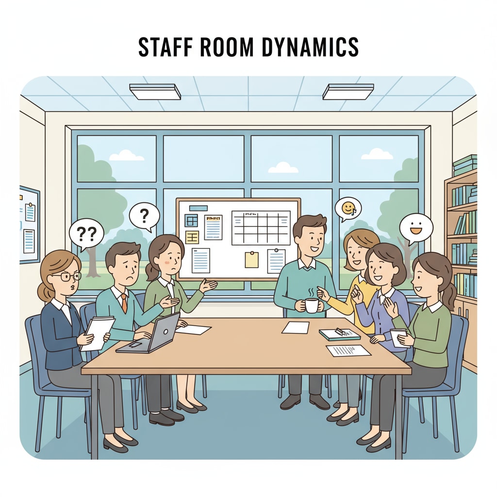 A group of teachers in a school staff room, some looking tense while others are chatting amicably. This shows the contrast in the work environment due to interpersonal issues among teachers. Teachers in a staff room showing signs of interpersonal conflict and harmony related to work environment and management dilemmas