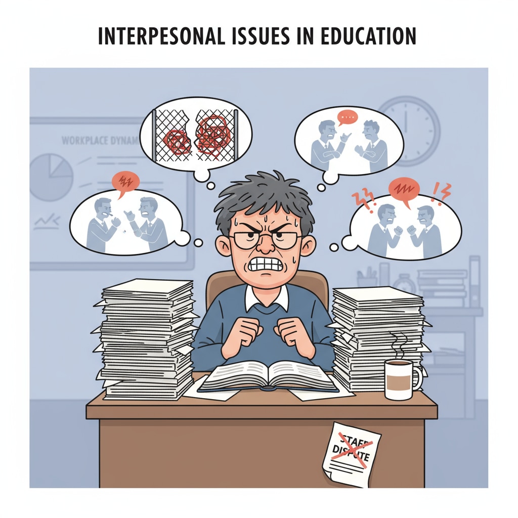 A teacher looking stressed at a desk with papers scattered around. This depicts the stress that can be caused in the work environment due to interpersonal issues. A stressed teacher at work highlighting the impact of interpersonal issues on work environment and management dilemmas
