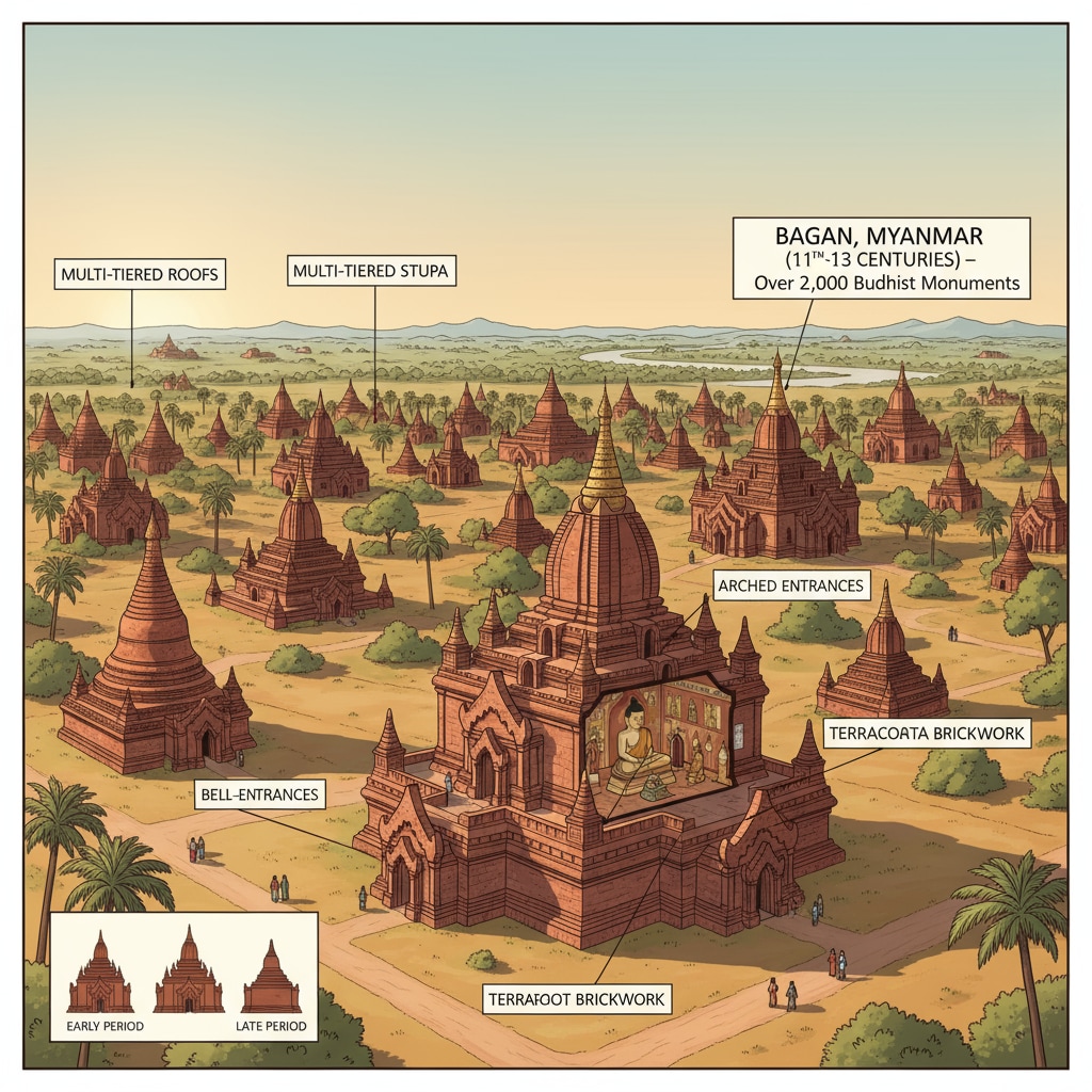 A wide view of ancient temples in Myanmar, showing their architectural splendor and the cultural significance they hold. Myanmar's ancient temples showcasing its rich cultural heritage