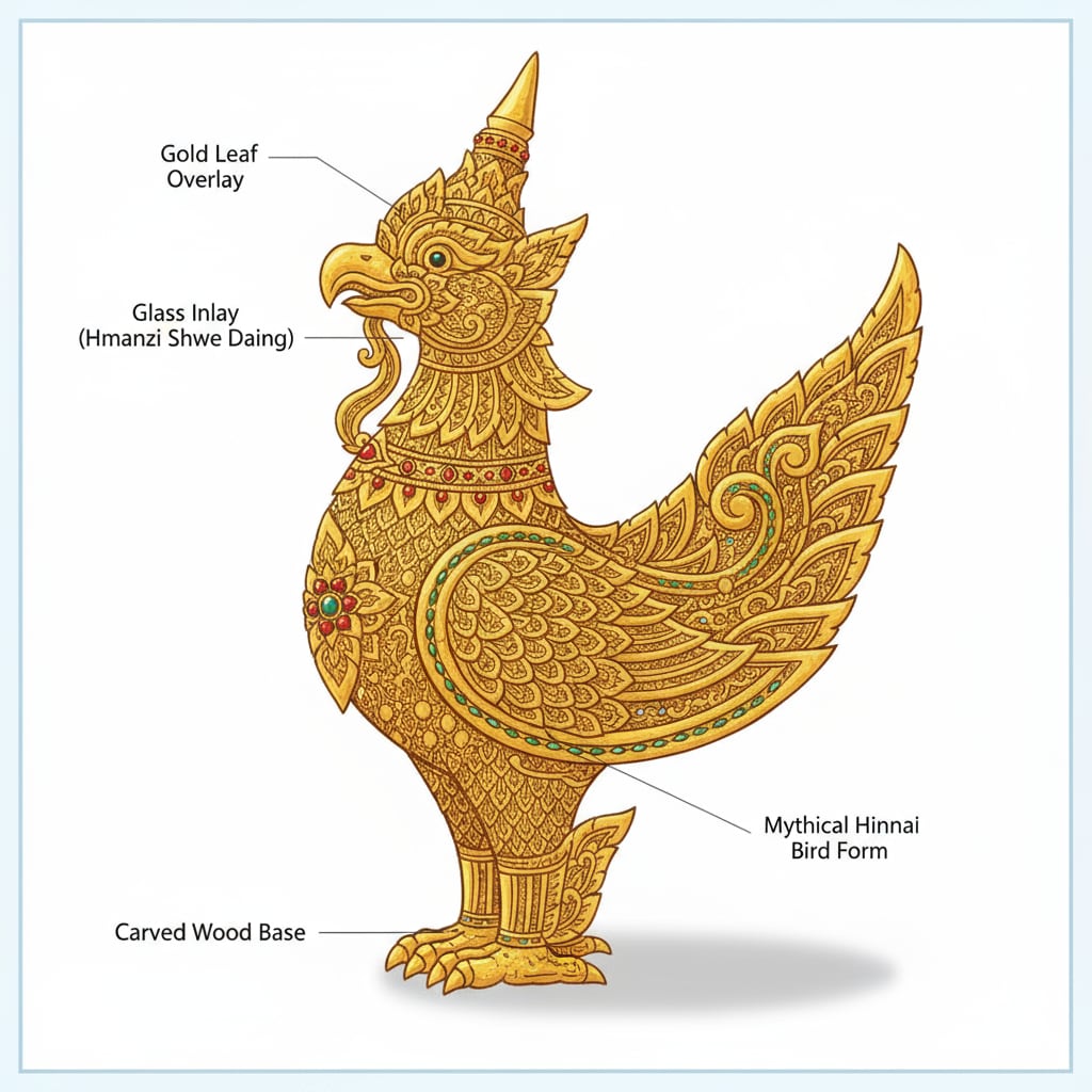 A detailed view of a traditional Myanmar artifact decorated with gold, highlighting the intricate craftsmanship. Gold-adorned traditional Myanmar artifact displaying cultural artistry
