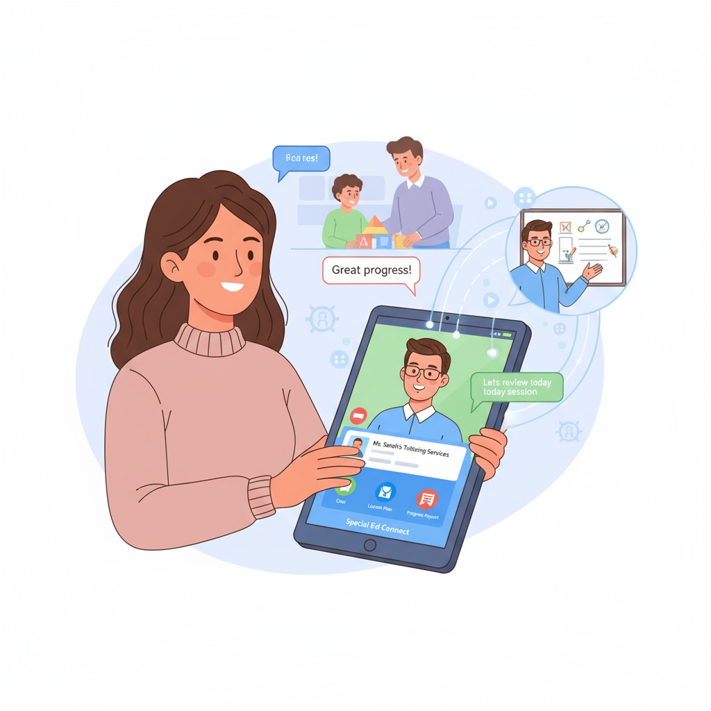 A parent and a special education tutor are seen communicating through a tutoring app on a tablet, highlighting the digital connection in special education. Digital connection between parent and special education tutor through a tutoring app