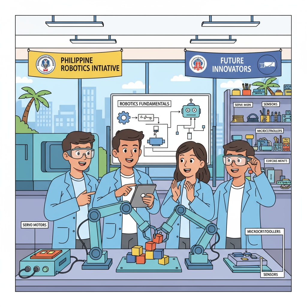 Students in a robotics laboratory in the Philippines, showing their enthusiasm for learning about robotics Filipino students learning robotics in a local laboratory