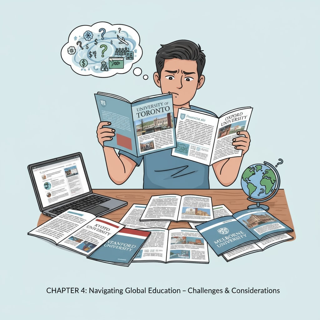 A Filipino student looking at brochures of foreign universities, showing the confusion and worry about studying abroad Filipino student considering studying abroad while looking at university brochures