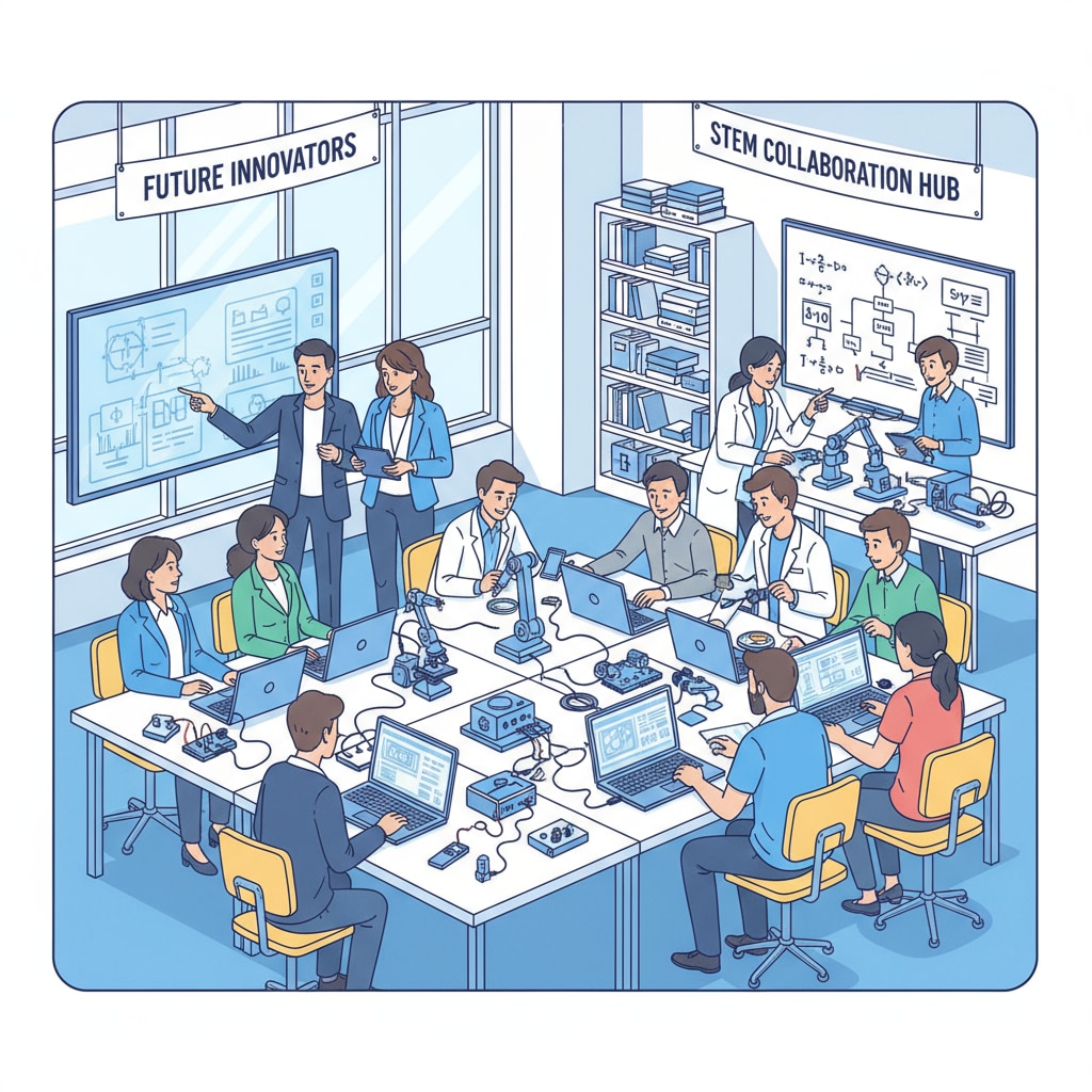 A group of students, teachers, and industry professionals are engaged in a collaborative STEM project, with laptops, scientific equipment, and project materials spread out. A collaborative scene of students, teachers, and industry professionals in a STEM project related to partnerships and curriculum development