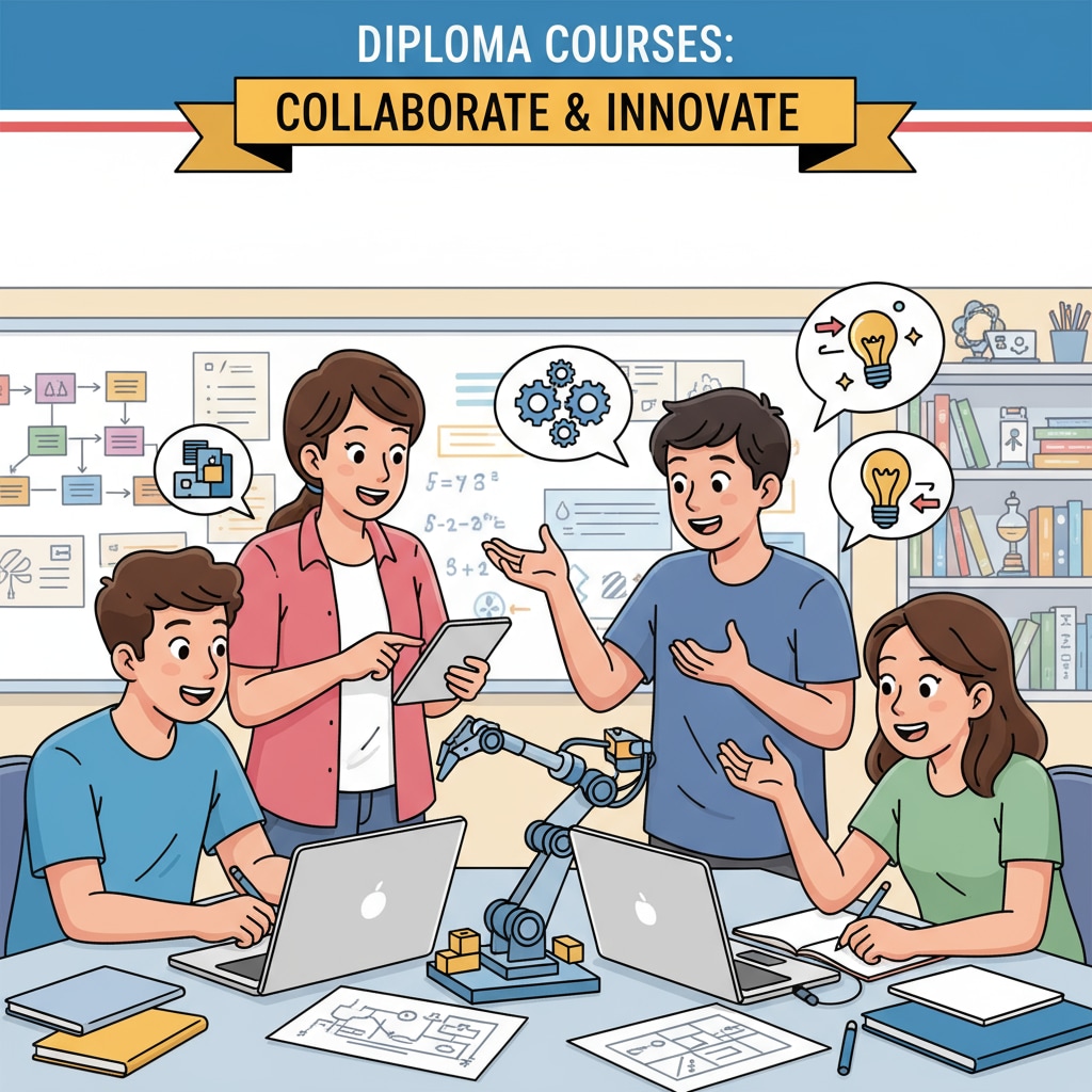 A group of students working together on a project, with excited expressions, representing the collaborative and engaging nature of diploma courses Students collaborating on a project, showing the positive impact of the new educational path on learning ability, educational path, and personal growth