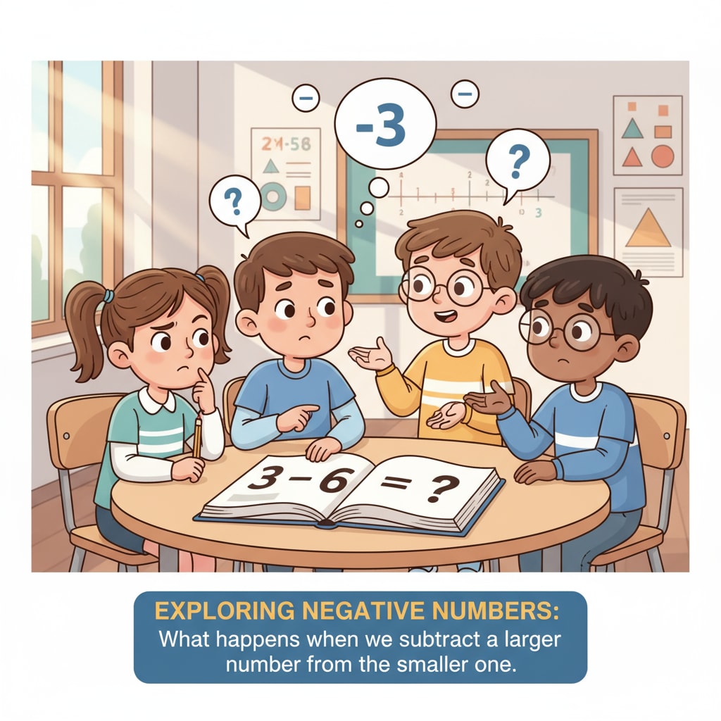 A classroom scene where students are gathered in groups, discussing the '3 - 6' arithmetic problem, with expressions of curiosity and confusion on their faces. Fourth graders discussing the 3 - 6 problem to understand negative numbers