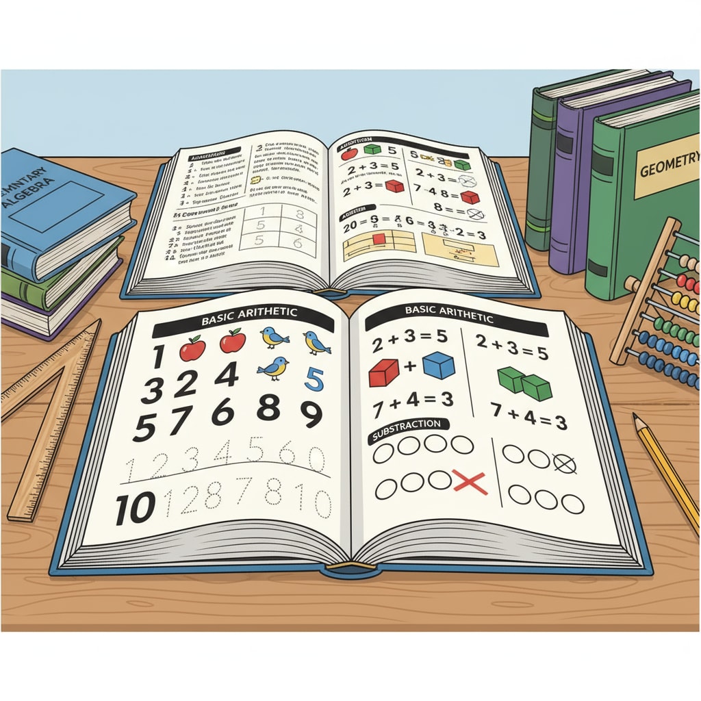 A set of traditional math textbooks neatly arranged on a desk, with pages open to sections on basic arithmetic, indicating the typical progression of teaching numbers in traditional curricula. Traditional math textbooks used in teaching fourth graders about numbers