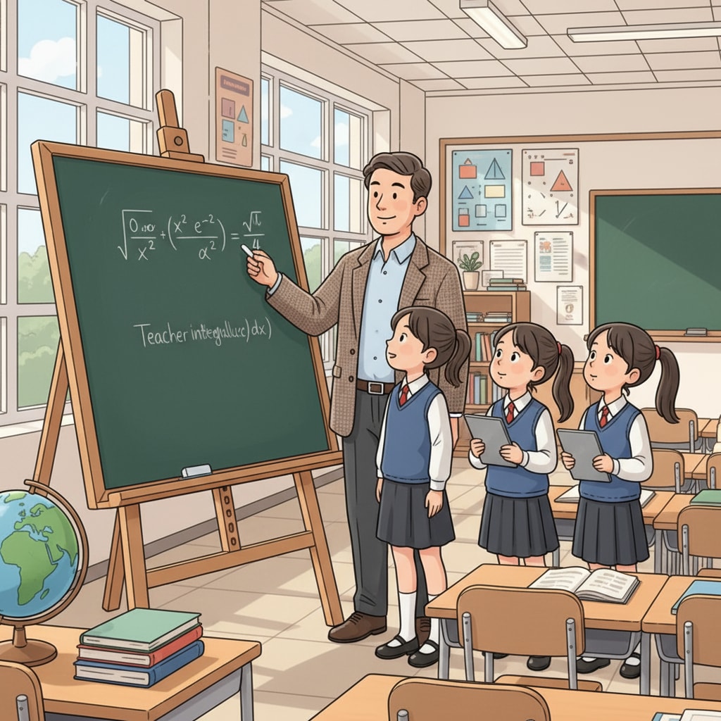 A teacher is writing a math formula on a blackboard and explaining it to students. A teacher demonstrating math knowledge as part of the Blended Teaching Cycle Theory
