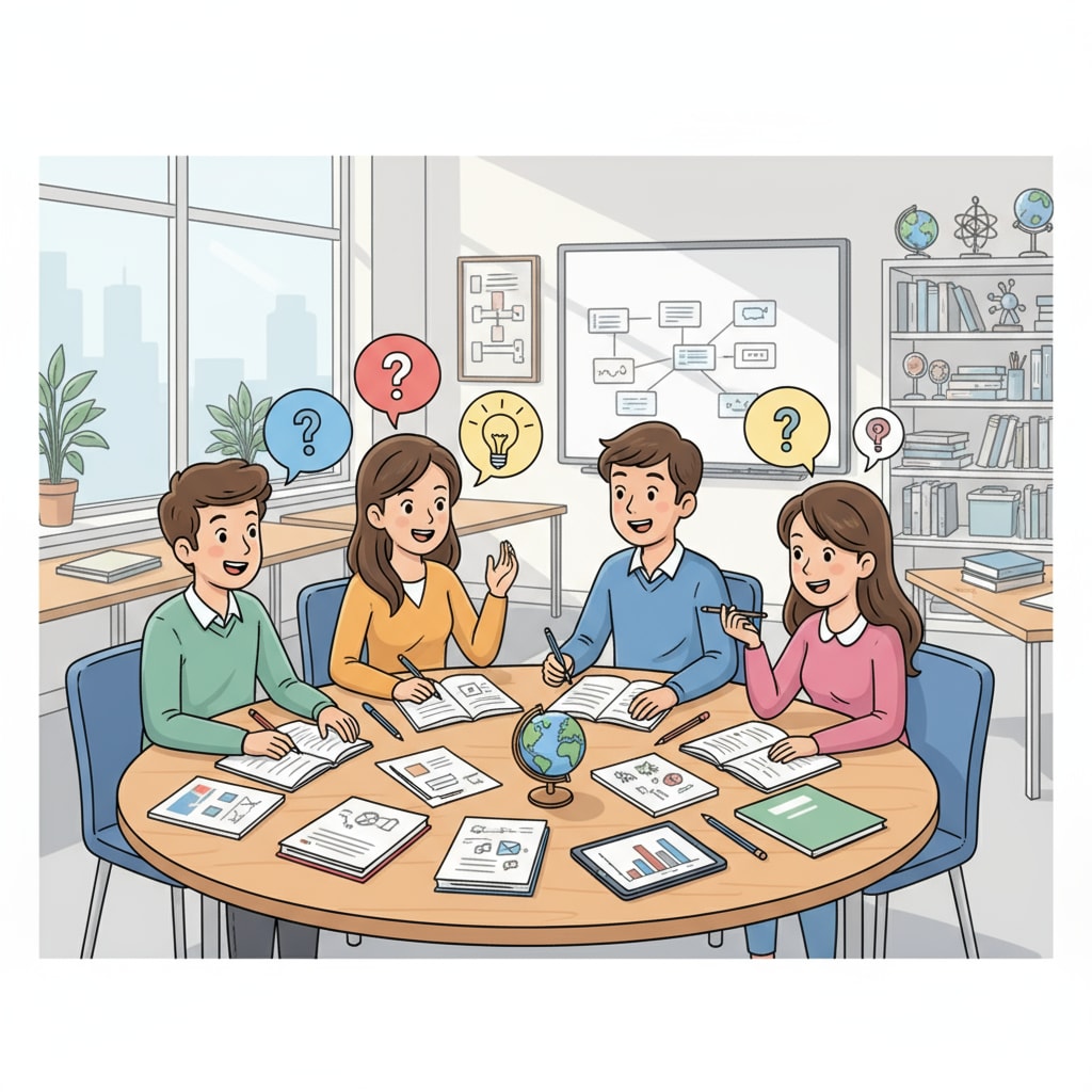 A group of students are sitting around a table, engaged in a lively discussion during a class. Students actively participating in a discussion as part of the Blended Teaching Cycle Theory