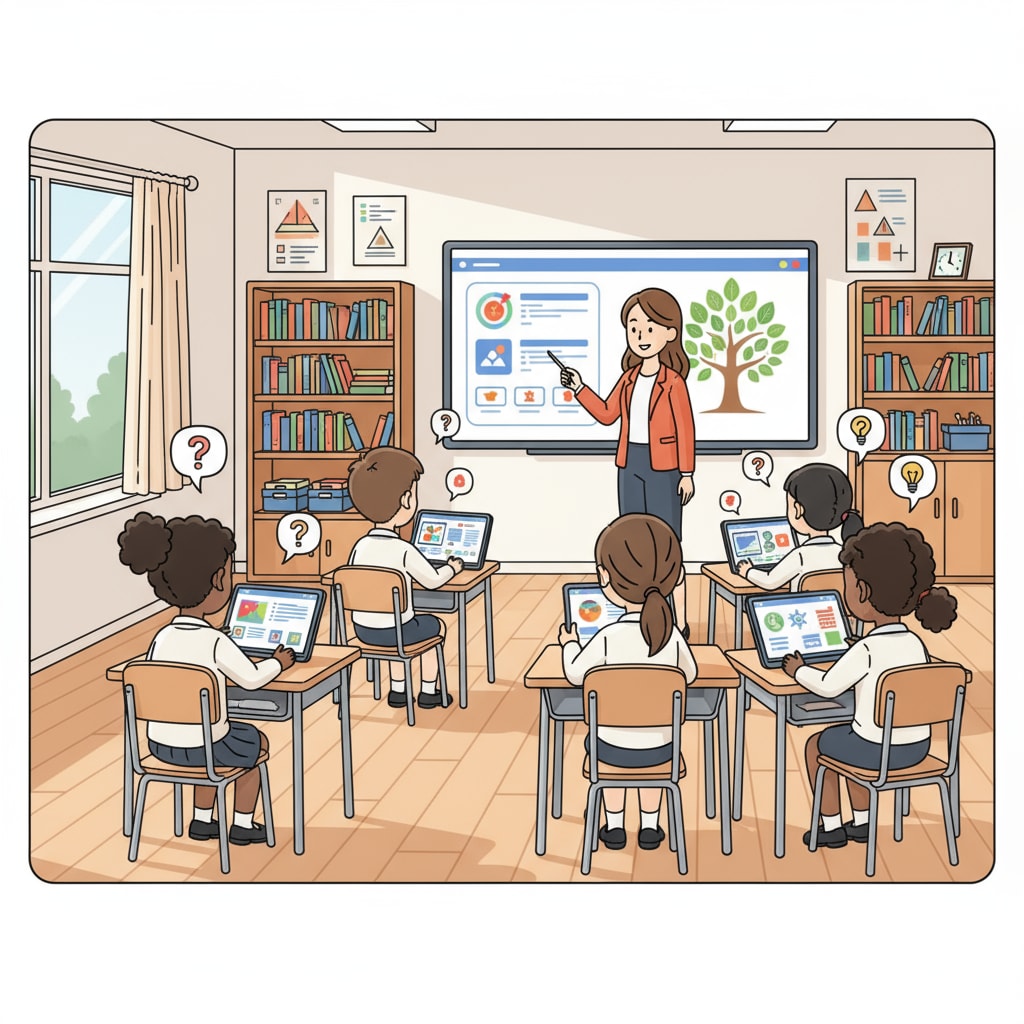 Students are using tablets in the classroom to interact with educational software, showing active participation in learning. Students using educational technology for enhanced classroom learning and engagement