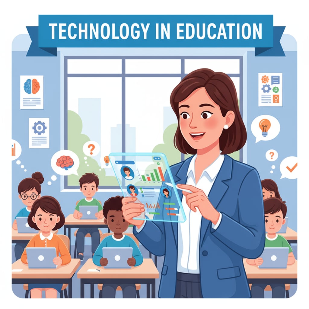 A teacher is using a digital assessment tool to monitor students' progress, highlighting the role of technology in education. Teacher using educational technology for classroom learning and student engagement